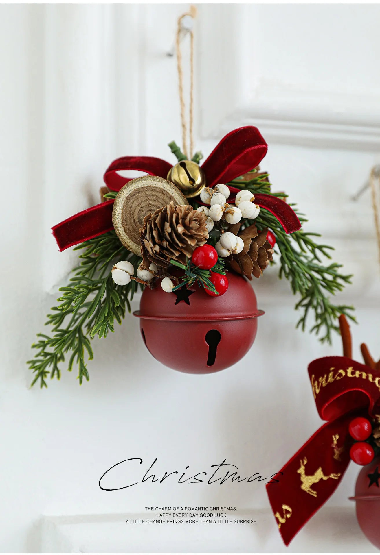 Christmas Hanging Decor Set, Assorted Deer Antler Bell Bow Pinecone Ornaments for Xmas Tree Home Car Gift