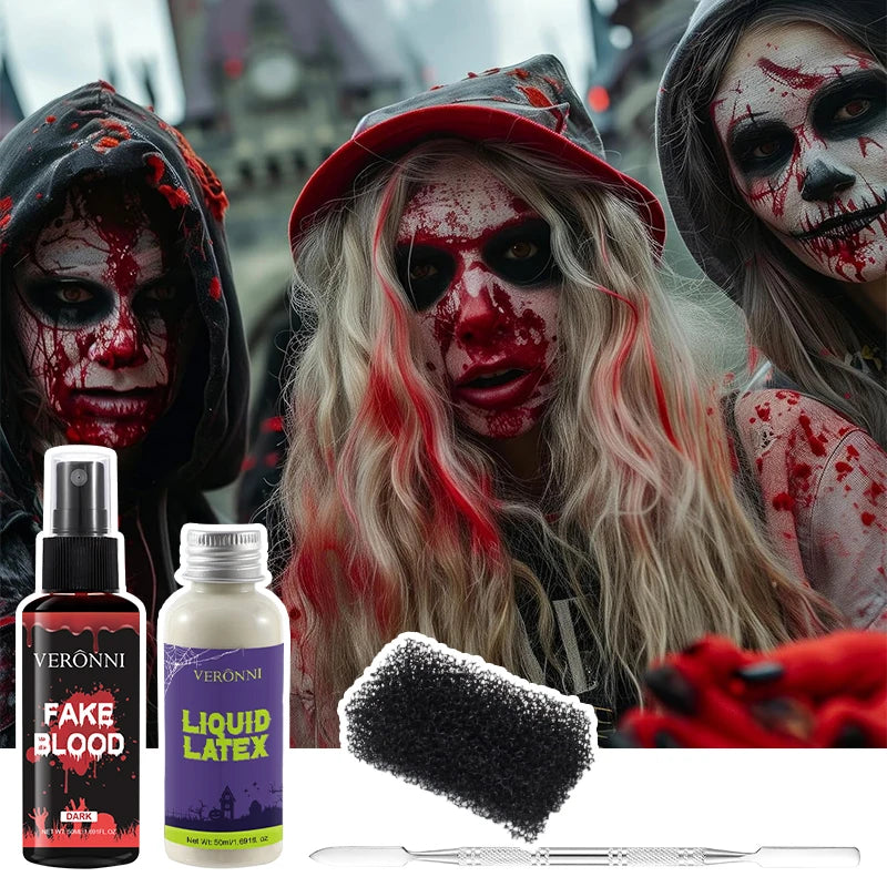 Halloween Makeup Kit-Liquid Latex SFX Cosmetic,Realistic Fake Blood & Wax with Spatula,Washable SFX Makeup for Halloween,Cosplay
