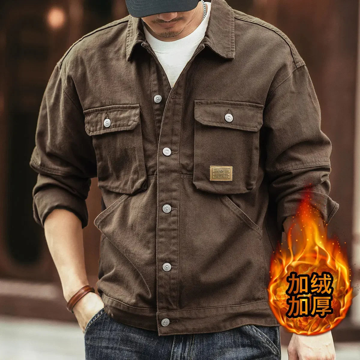 High end work jacket, men's spring and autumn trendy brand, loose American retro lapel jacket, casual and handsome denim jacket