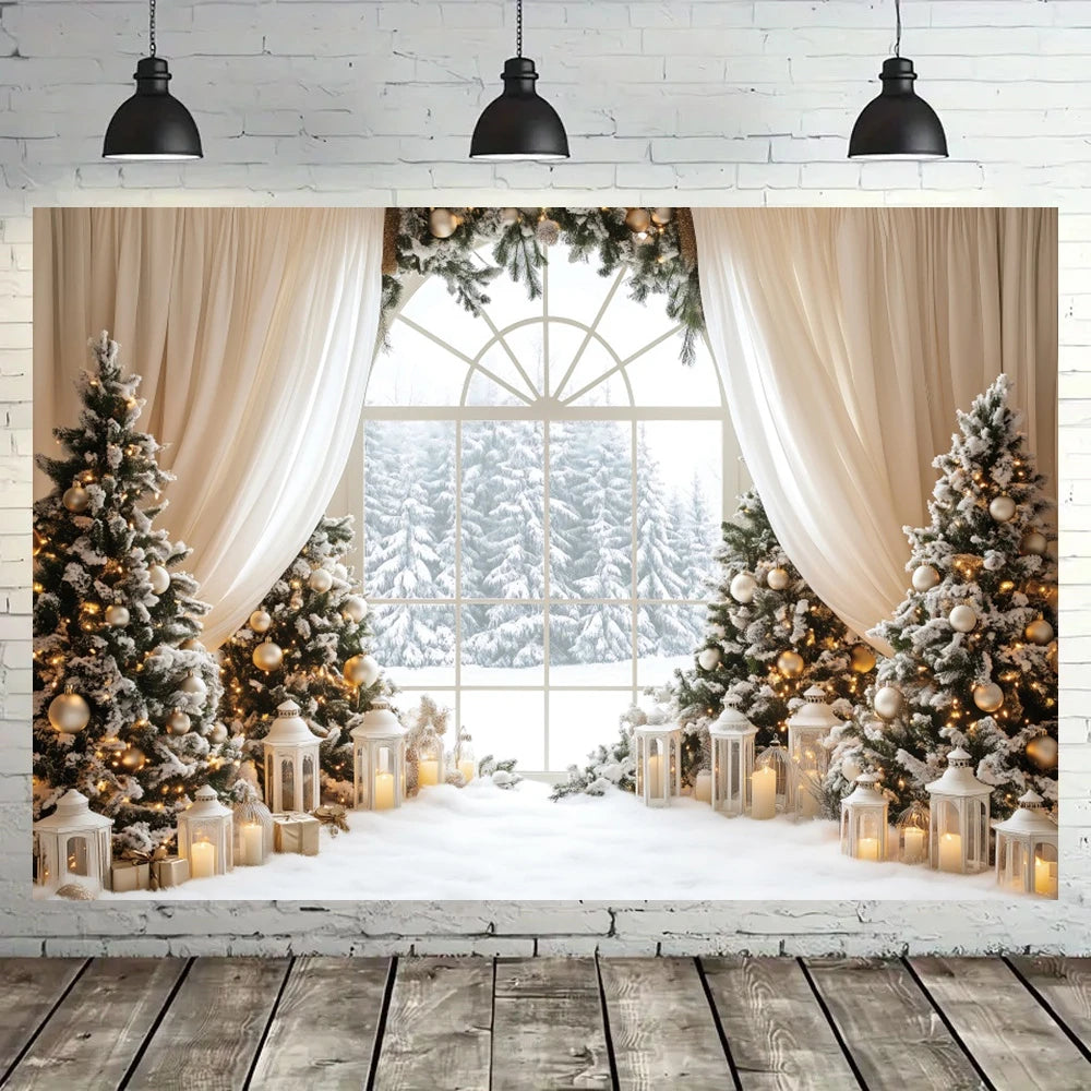 Christmas Decorations Backgrounds for Photographs White Curtain Window Xmas Tree Indoor Decor Family Portrait Photo Backdrops