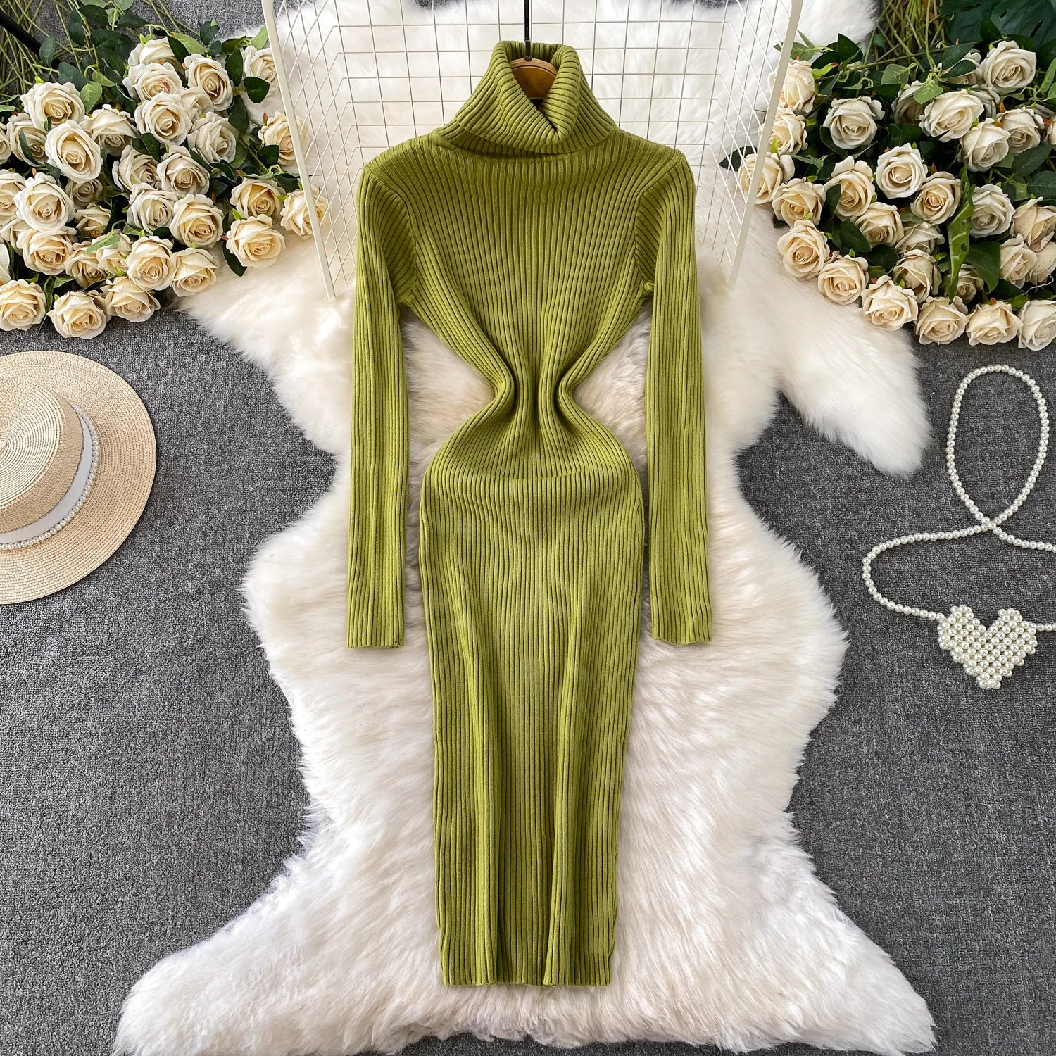 Women Winter Turtleneck Knittign Dress Stretch Slim Long Sleeve Soft Knitwear Dresses Female Casual Lining Simple Bottom Vestido