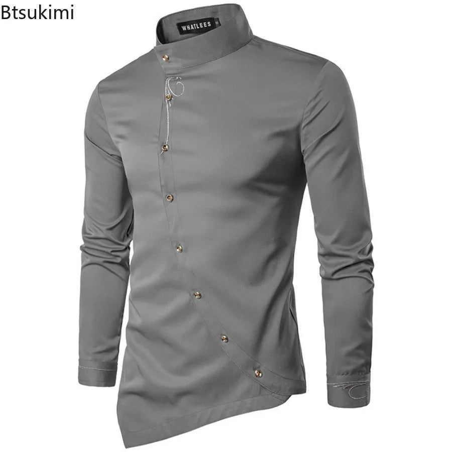 2025 Men's Oblique Button Dress Shirt High Quality Long Sleeve Slim Embroidery Shirts Men Stand Collar Business Wedding Camisas