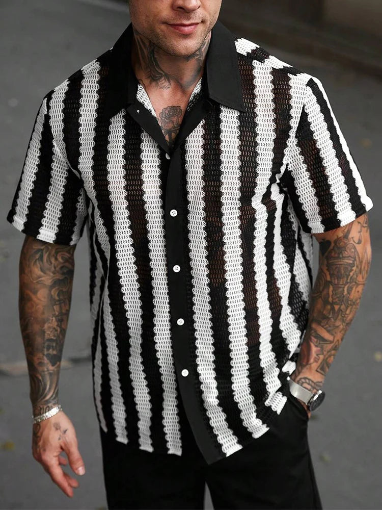 Trendy Mens Knitted Shirts 2025 Summer Casual Hollow Out Breathable Cardigans Men Beach Fashion Short Sleeve Striped Knit Shirt