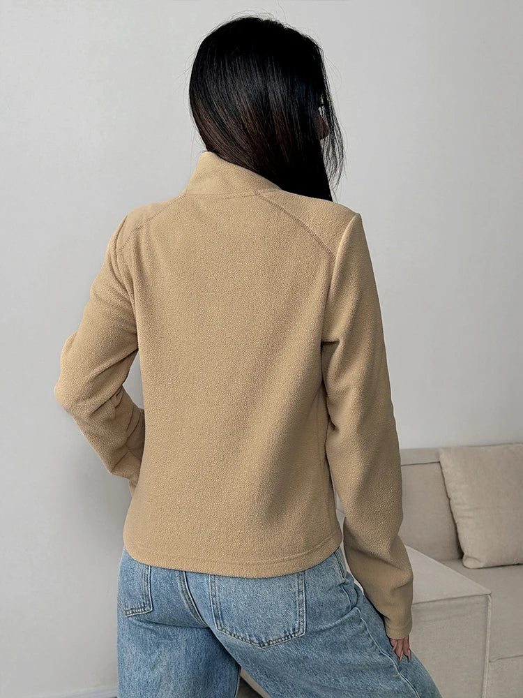 Women Fleece Jacket Top Autumn New Streetwear Fashion Long Sleeves Turn-Down Collar Zippers Coat Jacket Female's Sports Clothing