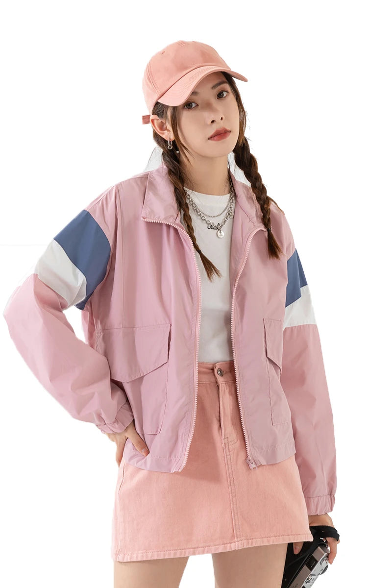 Women's Casual Jacket Color Block Windbreaker Coat Cropped junior Boomber Jacket Long Sleeves Patchwork Outerwear