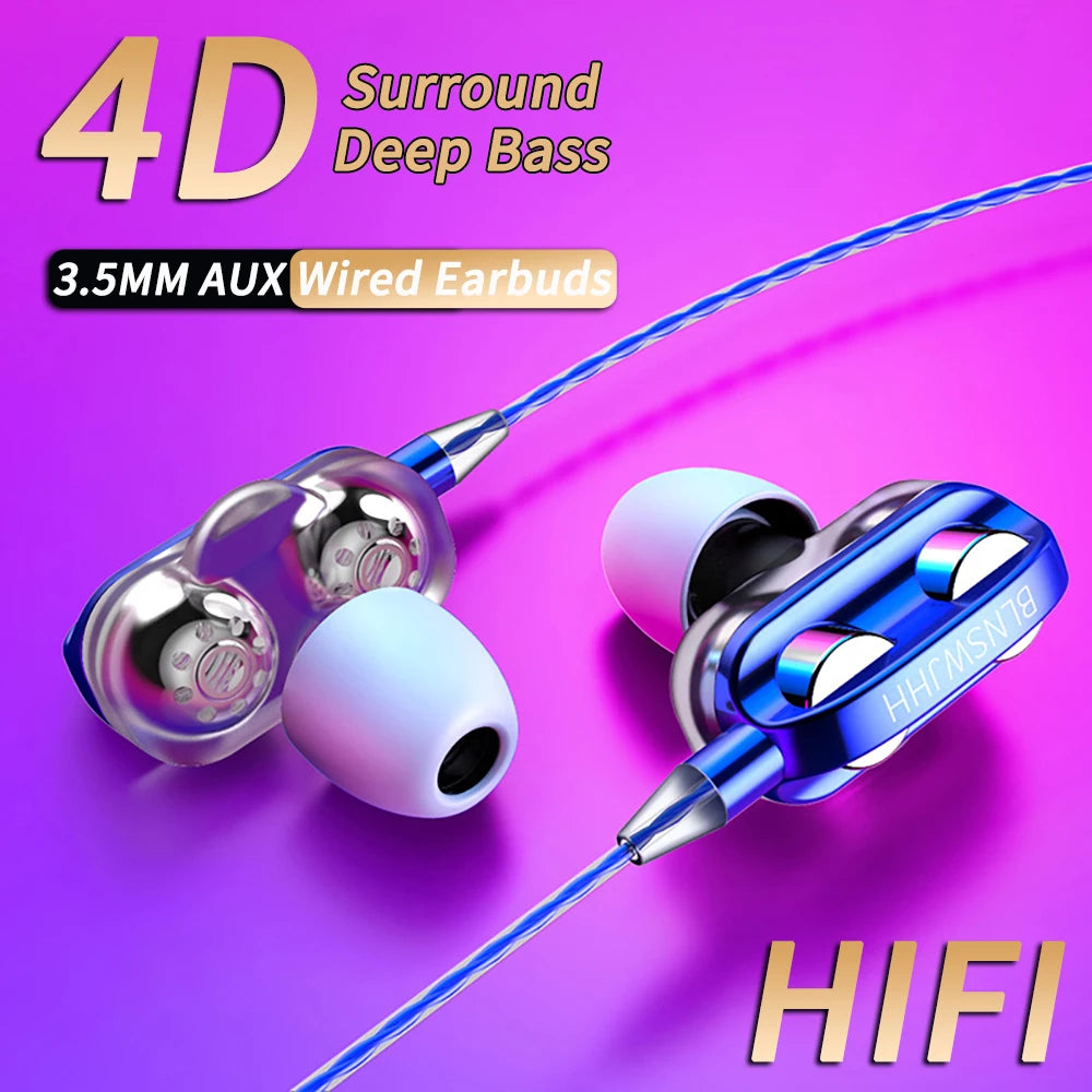 3.5mm Wired Headphones Noise Canceling In-Ear Sports Earphone Dual Driver Bass Stereo Gaming Headset HiFi Music Earbuds With Mic