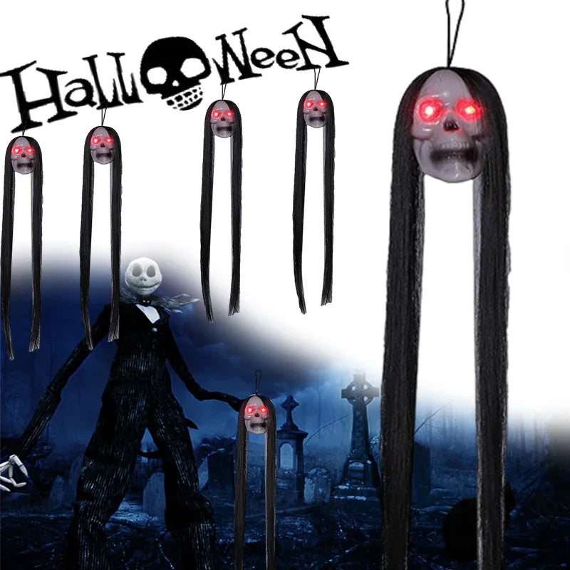 Halloween Hanging Ghost Skull with Long Hair Glowing Eyes Terror Skull Ghost House Head Skeleton Props 2024 Halloween Decoration
