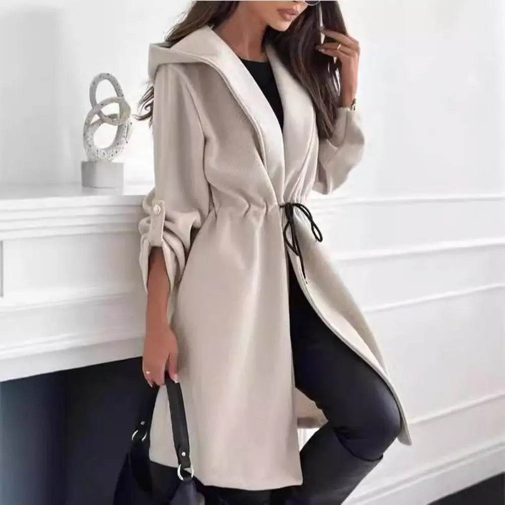 Women Loose Fit Jacket Stylish Hooded Winter Coat with Drawstring Waist Cufflinks for Women Warm Mid-length for Commuting