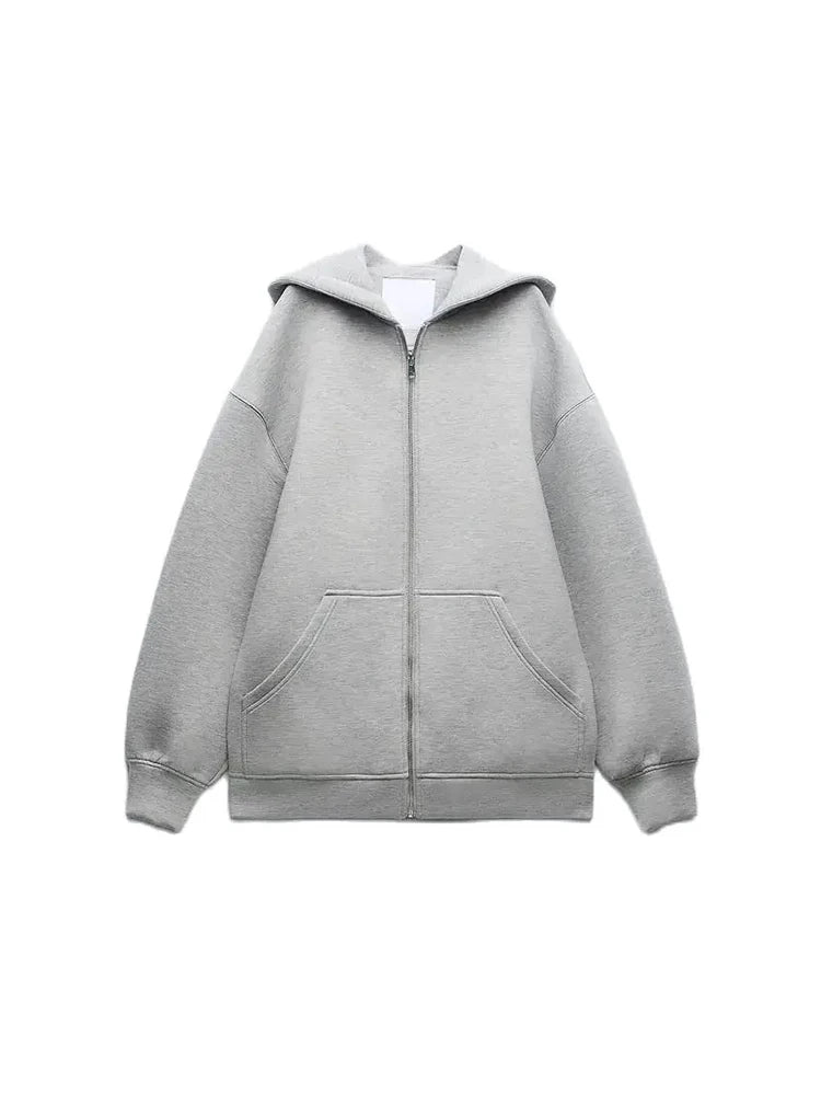 Women's Fashion Warm Hooded Jacket Fall and Winter Gray Long Sleeve Pocket Zipper Jacket Commuter Casual Women Jacket