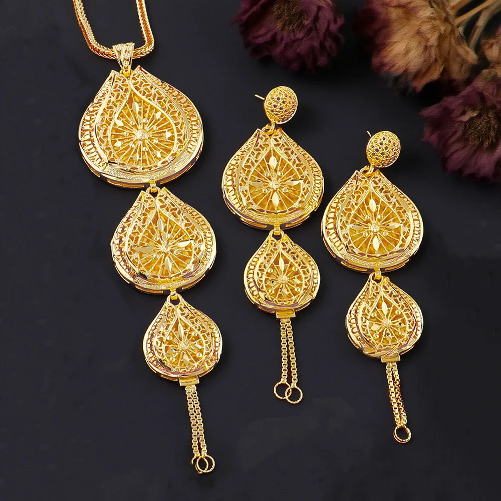Luxury Indian Jewellery Earrings Necklace Jewelry Set for Women Dubai Gold Color African Earring Jewelry Gift for Party Wedding