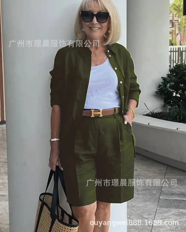 Casual Women Suit Long Sleeve Shirt + High Waist Crotch Pants Sets Two Piece Set Solid Women's Outfit Spring Autumn 2-piece Set