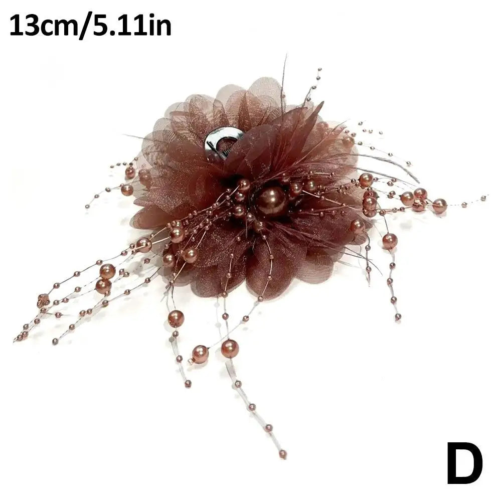 Women Fashion Hair Accessories Girls Flower Hair Claw Pleated Organza Pearls Black Feather Grip Shark Hair Clip Female Headwear