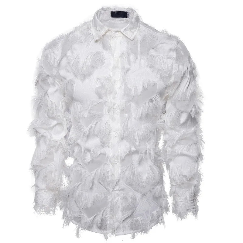 Shirts Men Party Feather Shirt Turn Down Collar Full Sleeve Single Breasted Splice Regular Solid Prom Tops Spring Summer