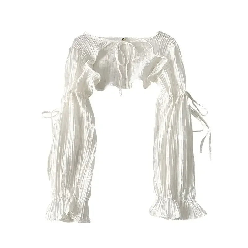 Women's Jackets Chic Folds Designer Summer Lace-up Crop Jacket Vintage Fashion Temper Sweet Girlish Long Sleeve Sun-proof Coat