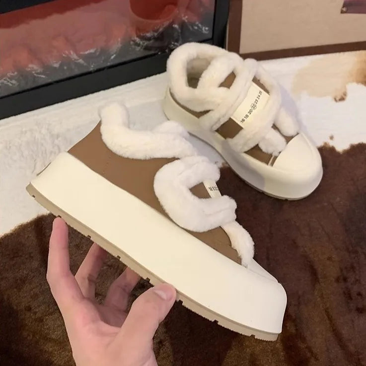 Shoes Woman 2025 Casual Female Sneakers Clogs Platform Autumn Shallow Mouth Round Toe British Style Loafers Fur New Creepers Fal