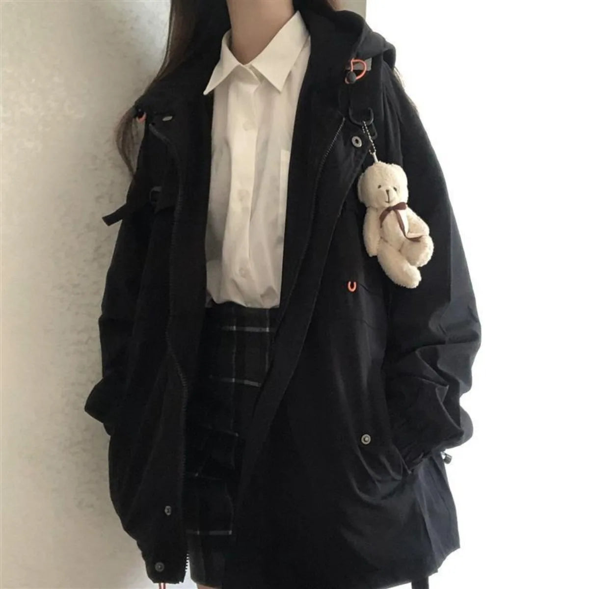 Women Black Jacket with Hood Long Sleeve Work Clothes Pocket Zipper Jacket Coat Woman Loose Casual Outerwear Coat Tops Trend