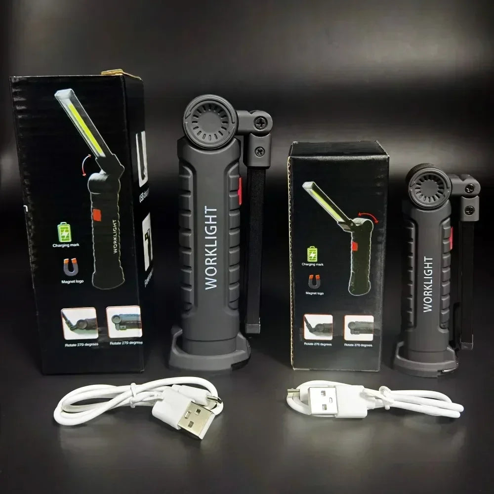 COB LED Work Light Dimmable USB Rechargeable LED Flashlight Inspection Lamp With Magnetic Hook Power Bank 18650 Battery Torch