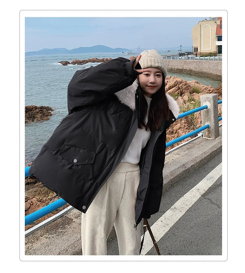 Winter Down Jacket Women Parkas Mid-length Big Fur Collar Hooded Women's Jacket Warmth Jacket Ladies Outwear Jacket for Women