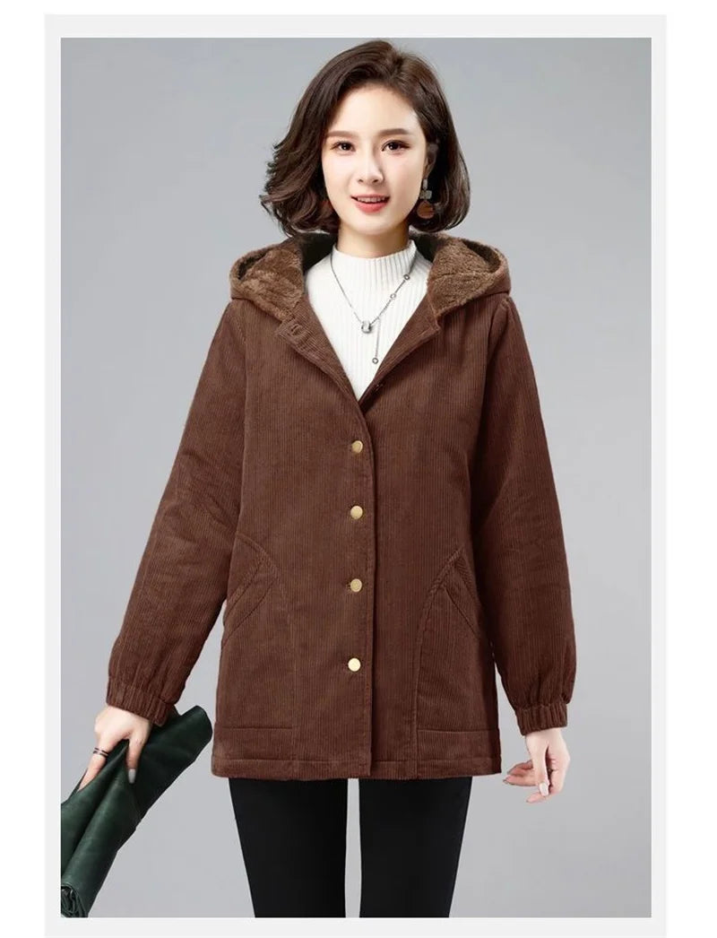 Women Corduroy Jackets 2025 New Autumn Winter Solid Loose Coat Female Casual Middle-Aged Plus Velvet Warm Hooded Ladies Overcoat