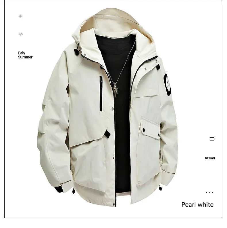 Men's workwear down jacket, American color-blocked hooded jacket for autumn and winter, cool and casual coat for teenagers