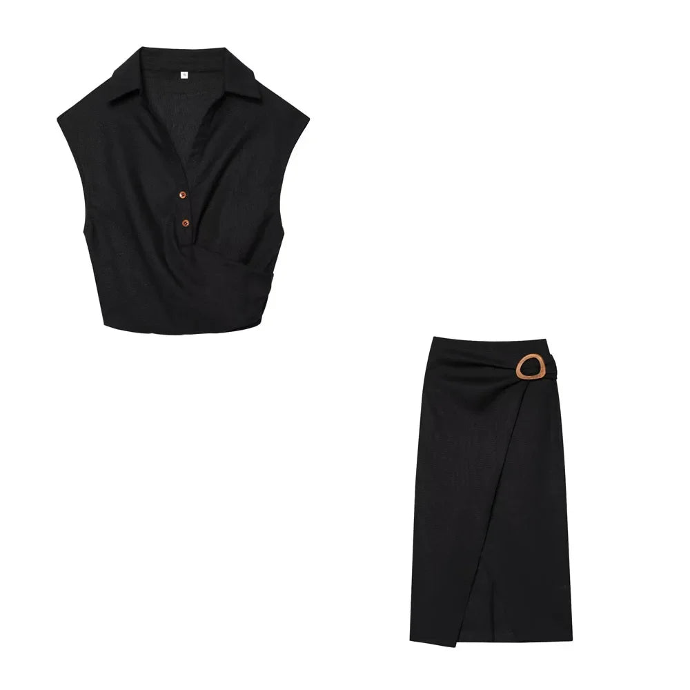 2025 New Women's Suit Summer Suit Casual Simple Multifunctional Pleated Lapel Sleeveless Short Top Paired with Buckle Slit Skirt