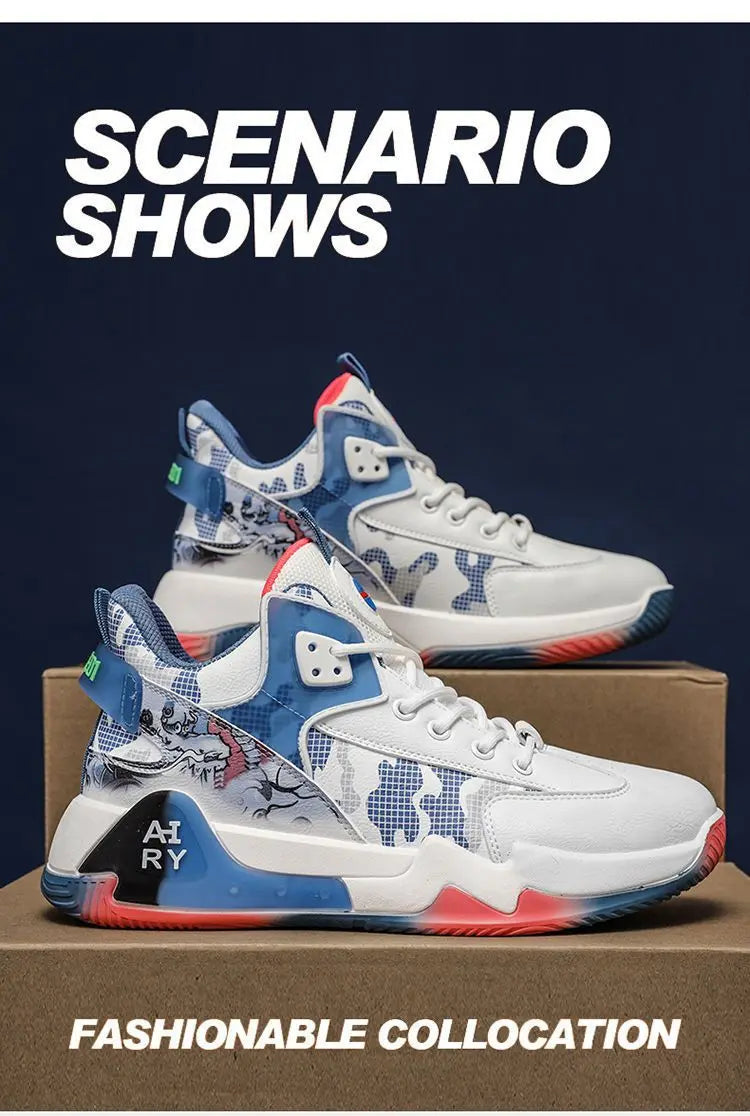 Couple Basketball Shoes Men High Top Sports Wear Resistant Air Cushioning Shoes Athletic Boots Comfortable Breathable Sneakers