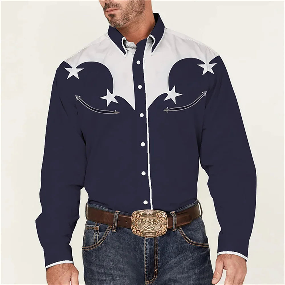 Men's Western Printing Shirt Retro Black Outdoor Street button long -sleeved fashion street clothing designer casual 2023