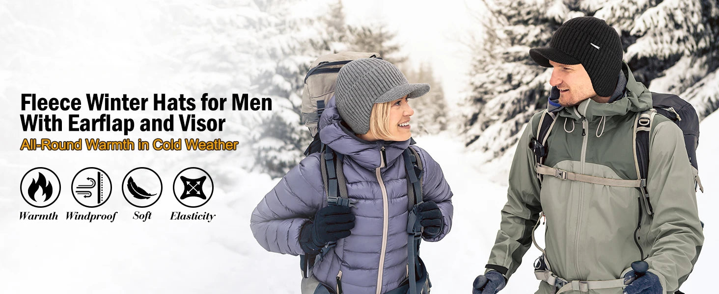 Winter Beanie with Brim and Ear Flaps, Outdoor Warm Fleece Lined Knit Hat Stocking Caps for Men Women bucket hat  winter hat