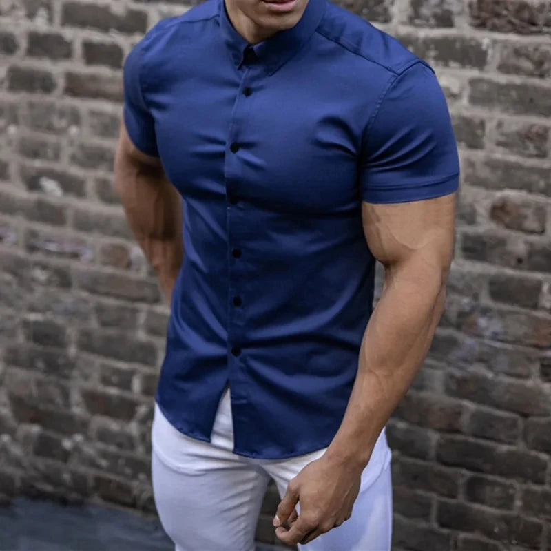 Men's Single-breasted Shirt Casual Cardigan Short-sleeved Lapel Shirt Slim-fit Elastic Sports Fitness Solid Color New Summer