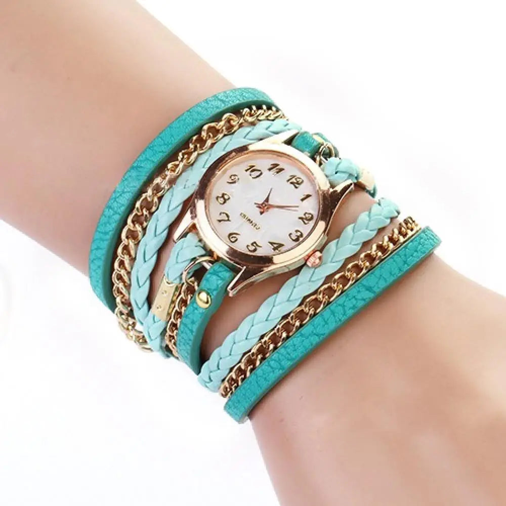 Quartz Wristwatch for Women Vintage Multilayer Faux Leather Alloy Braided Bracelet Wrist Watch Jewelry