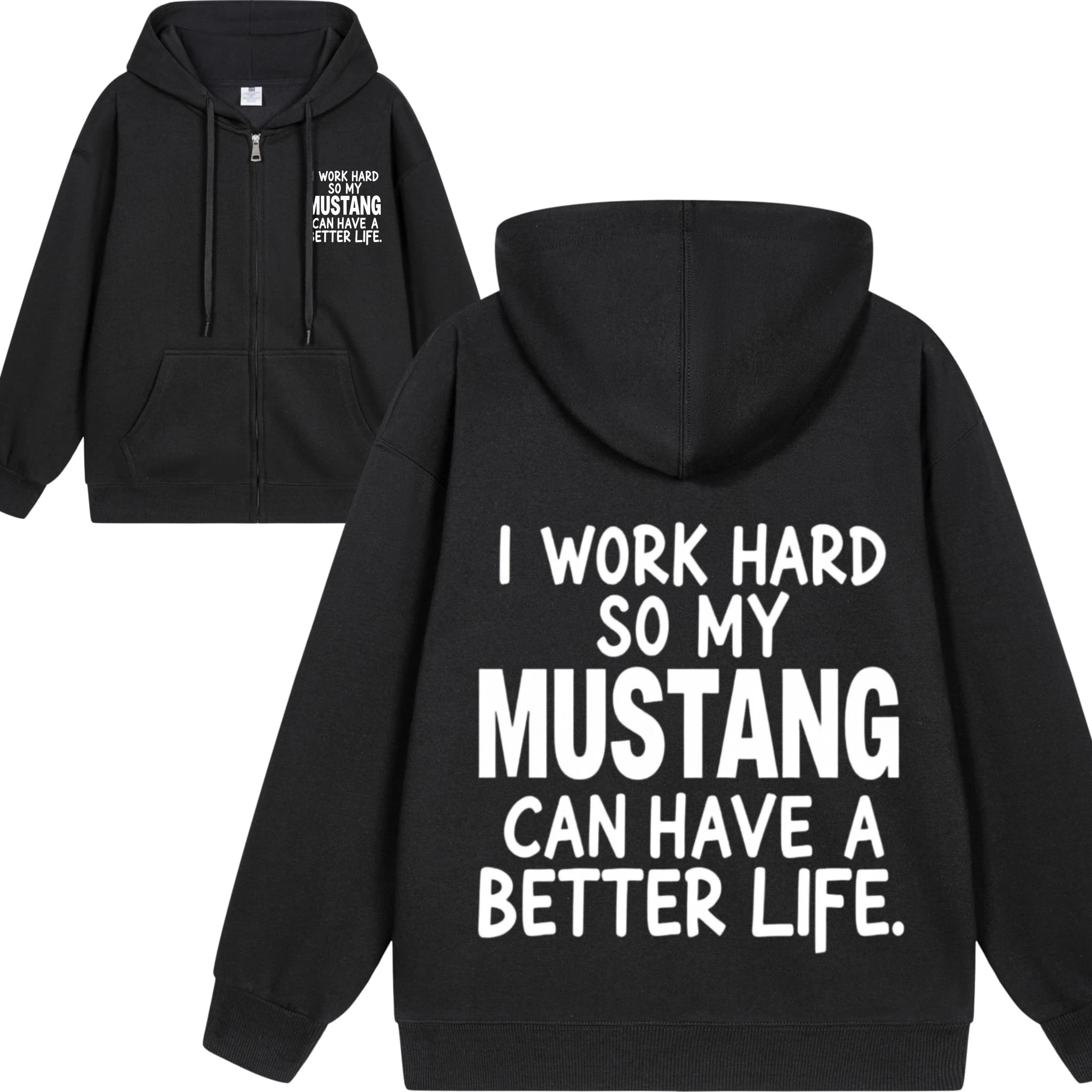 Men's Hooded Jacket Black Mustang Text Print Casual Daily Wear Fashion Streetwear Top Quality Comfortable Sweatshirt