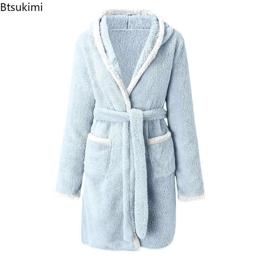 Women's Winter Casual Plush Robe Solid Color Matching Double Pocket Strappy Nightgown Fuzzy Bathrobe Coats Home Clothed Ladies