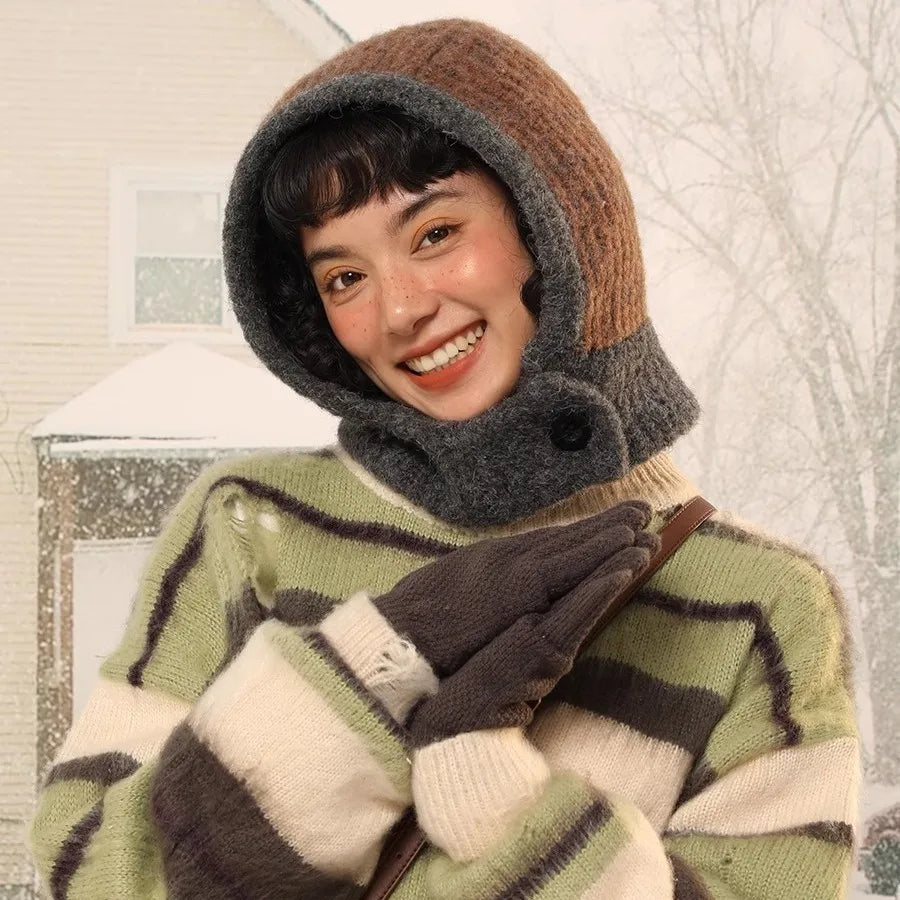 Winter Hats for Women Girls Warm Hooded Scarf Beanie for Female Youth Balaclava Kniting Skull Cap Ear Flap