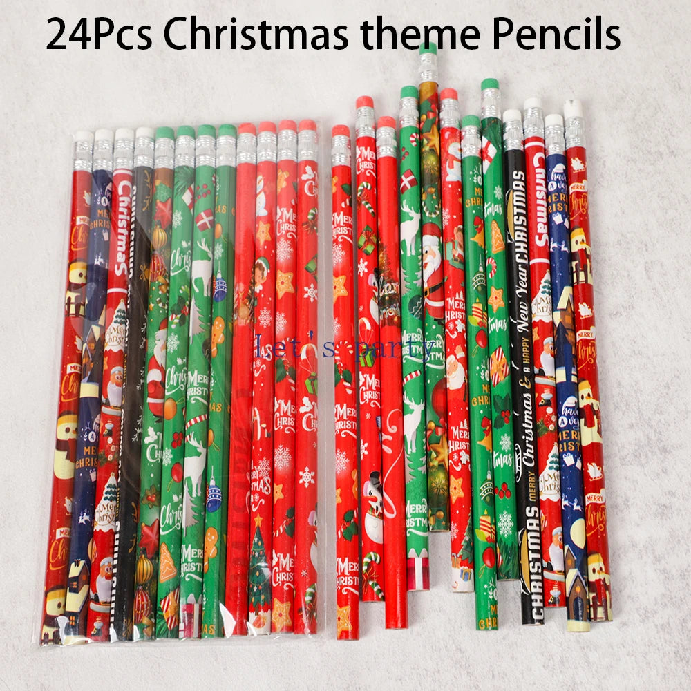 24Pcs Cartoon Christmas Santa Claus HB Writing Painting for Kids Christmas Theme Party Favors New Year Stationery Gift