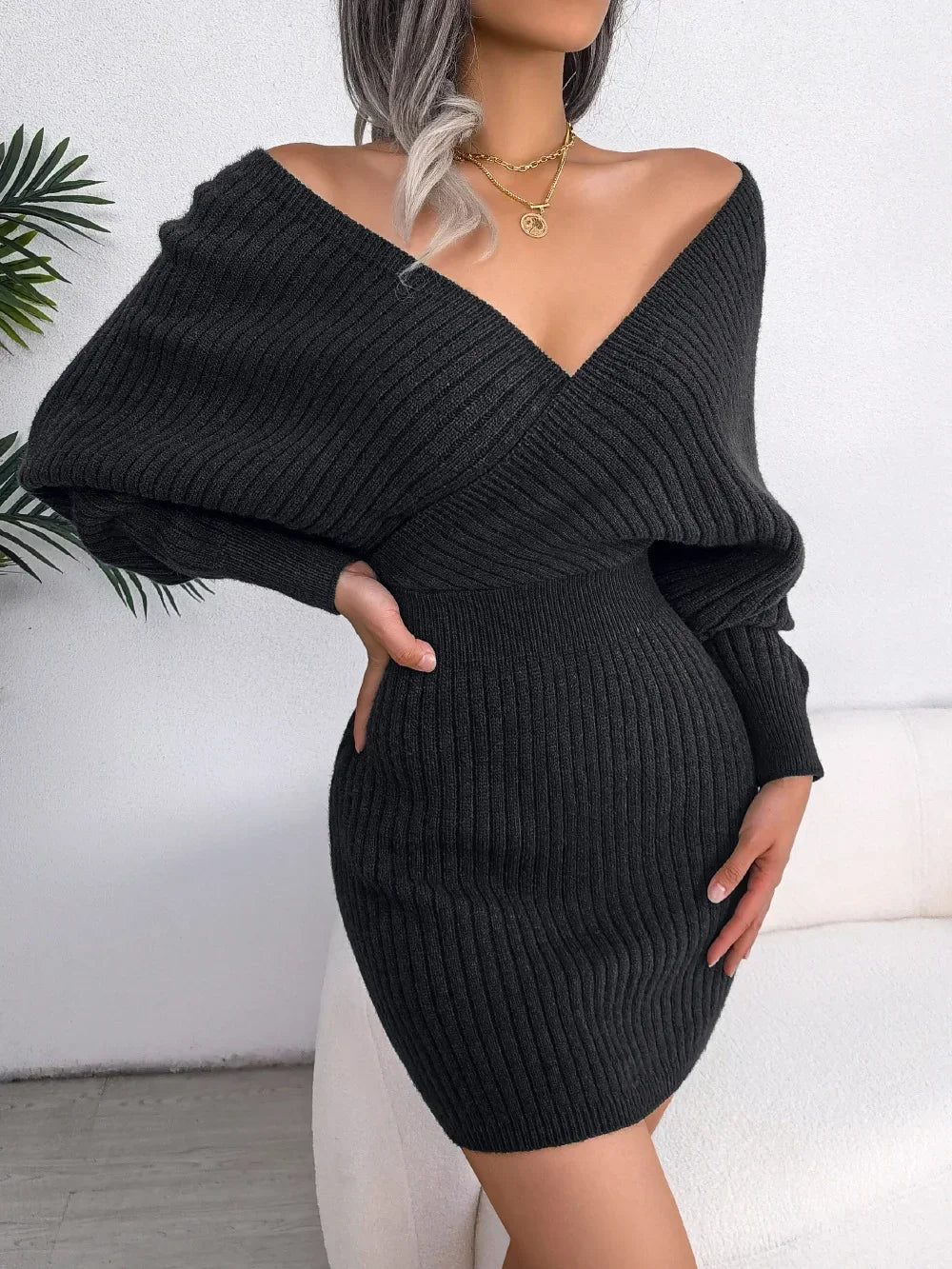 Autumn Winter Casual Sexy Cross V Neck Batswing Sleeve Dress for Women Solid Color Wrap Hip Woolen Dress