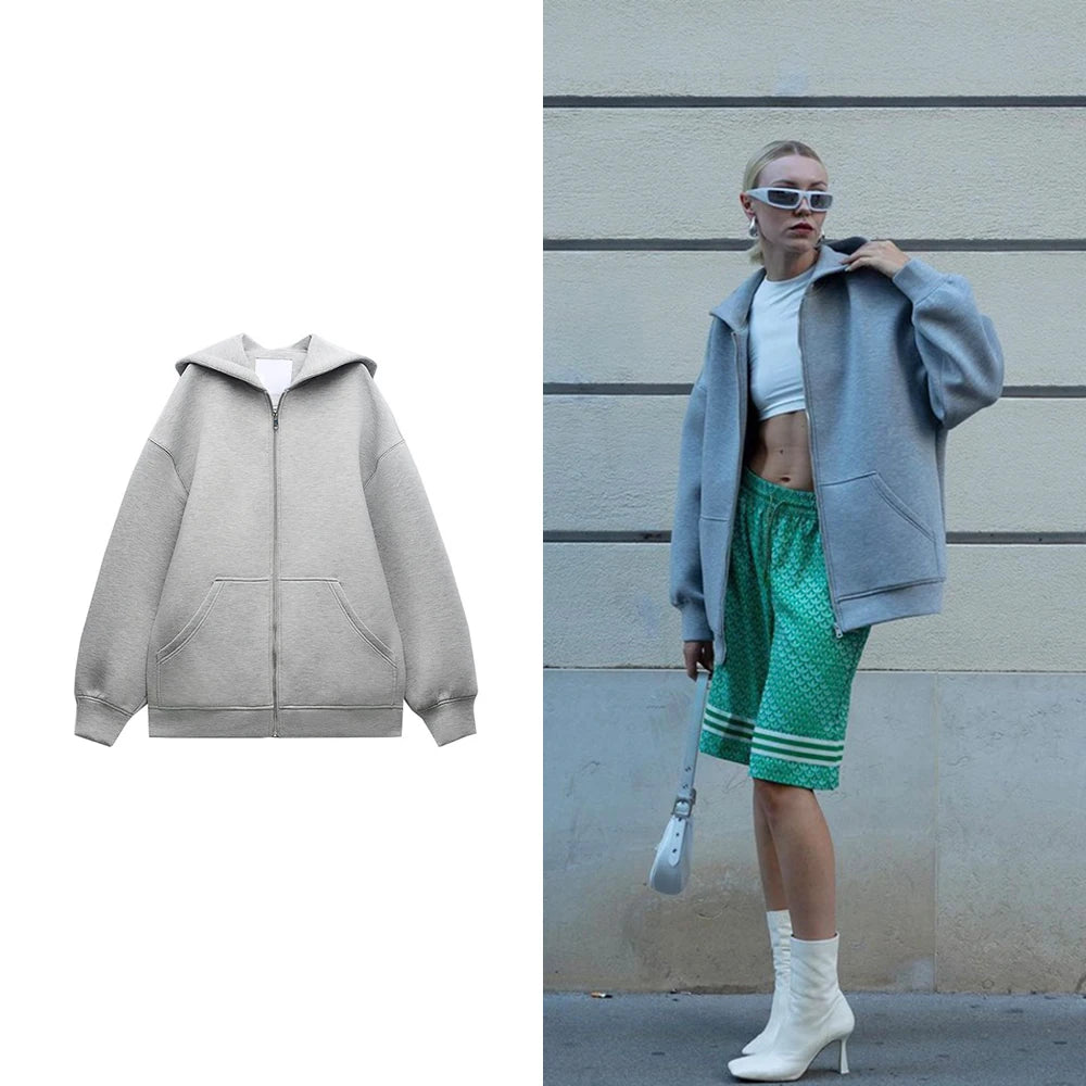 Women's Fashion Warm Hooded Jacket Fall and Winter Gray Long Sleeve Pocket Zipper Jacket Commuter Casual Women Jacket