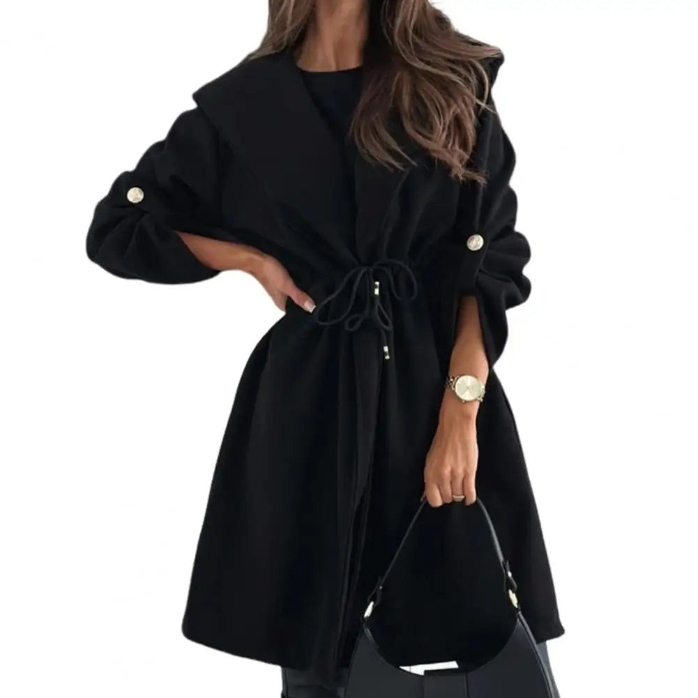 Women Loose Fit Jacket Stylish Hooded Winter Coat with Drawstring Waist Cufflinks for Women Warm Mid-length for Commuting