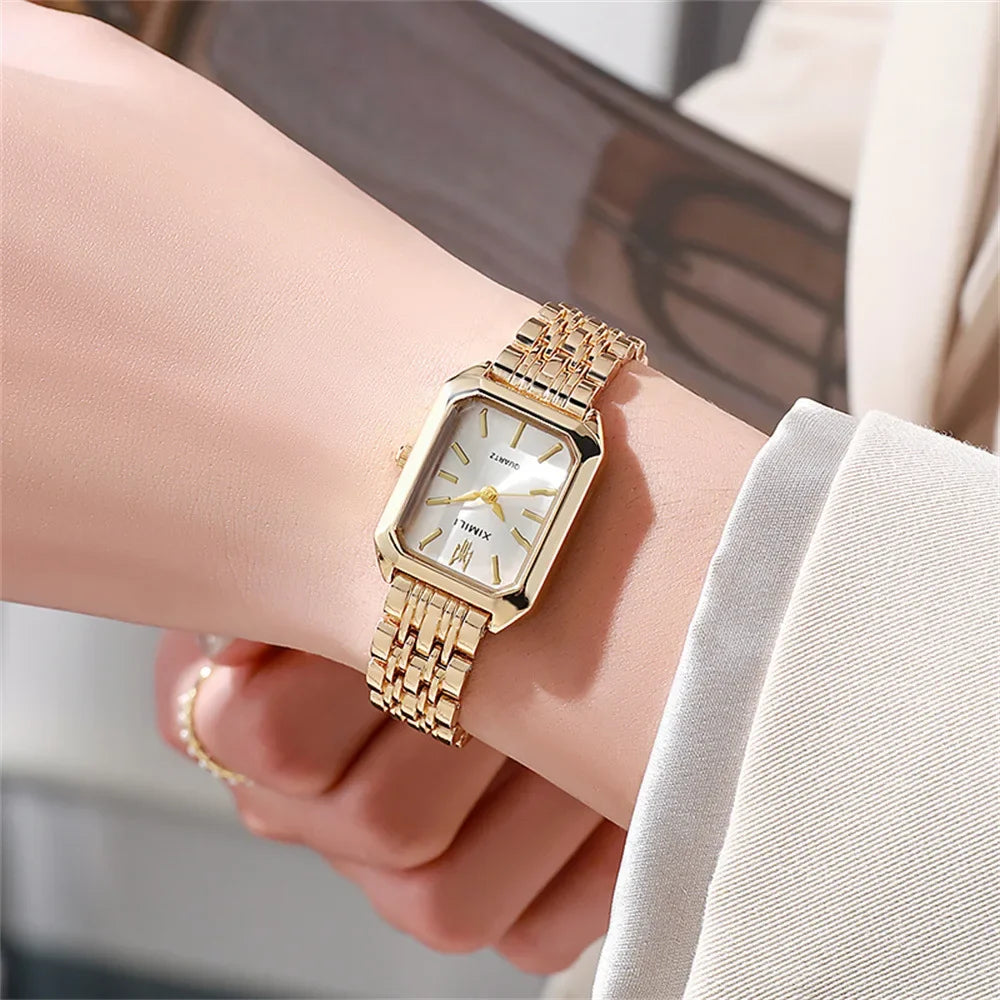 Women Watches Business Luxury Ladies Fashion Quartz Watch Simple Scale Square Quality Gold Plated Stainless Steel Folding Clock