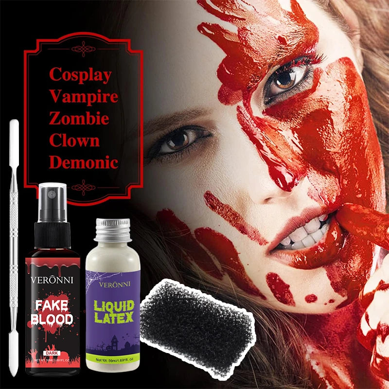 Halloween Makeup Kit-Liquid Latex SFX Cosmetic,Realistic Fake Blood & Wax with Spatula,Washable SFX Makeup for Halloween,Cosplay