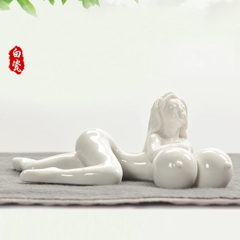 Beauty Girls Lady Statue Crafts Room Home Decoration Phone Holder Vintage Figurine Exotic Ceramic Big Boobs Breast Art Ornaments