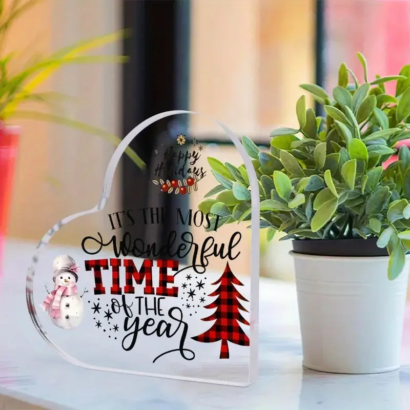 Acrylic Christmas Decoration Sign, Heart-Shaped with Snowman & Tree, 