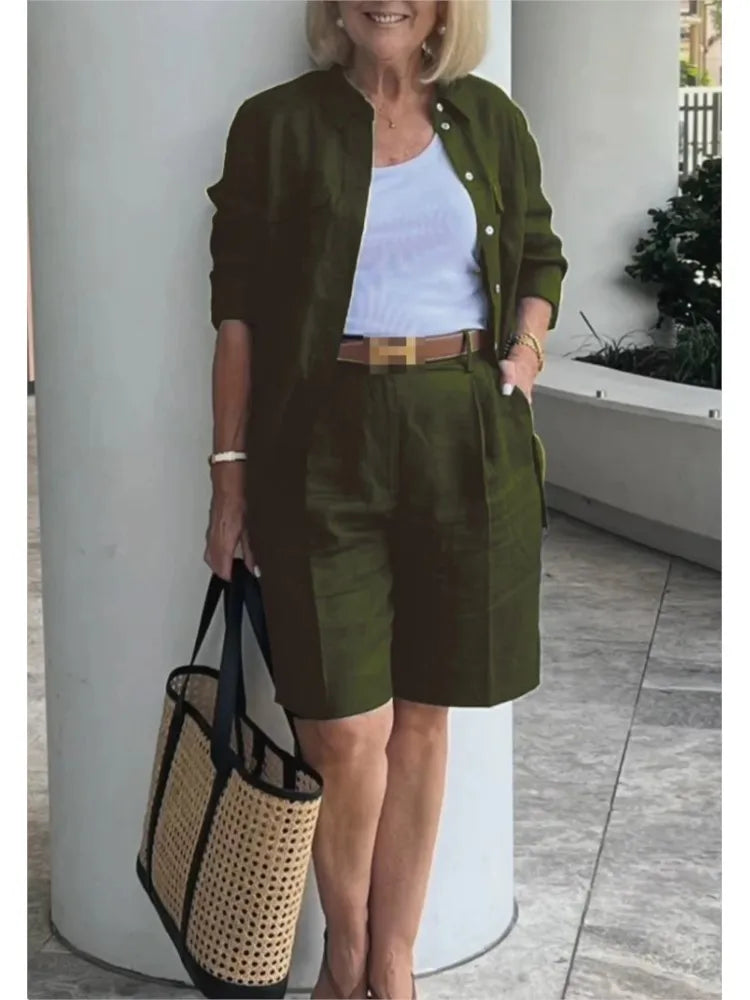 Casual Women Suit Long Sleeve Shirt + High Waist Crotch Pants Sets Two Piece Set Solid Women's Outfit Spring Autumn 2-piece Set