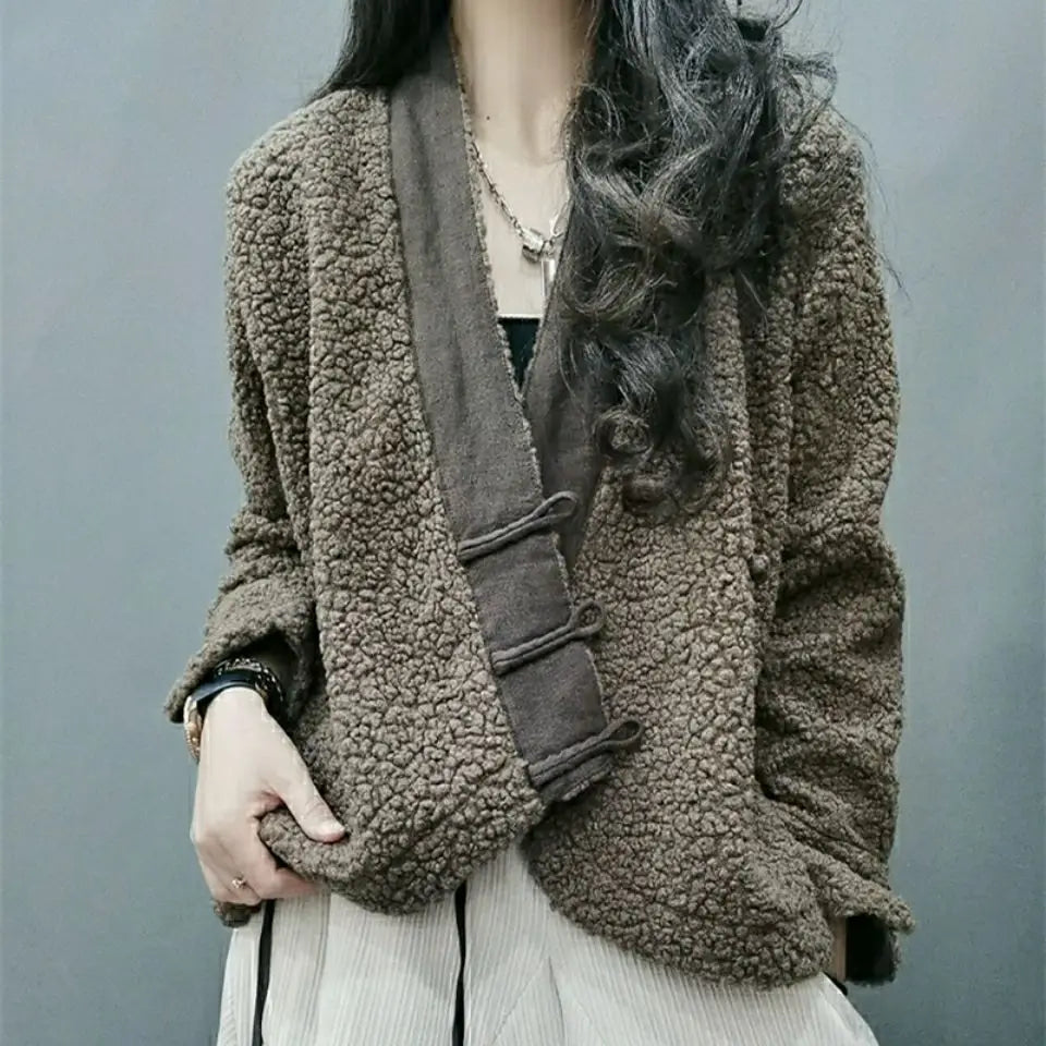 Vintage Jacket Winter New Loose Casual Diagonal Button Short Coat Women Jacket Outerwear Coats Casual Jackets Winter