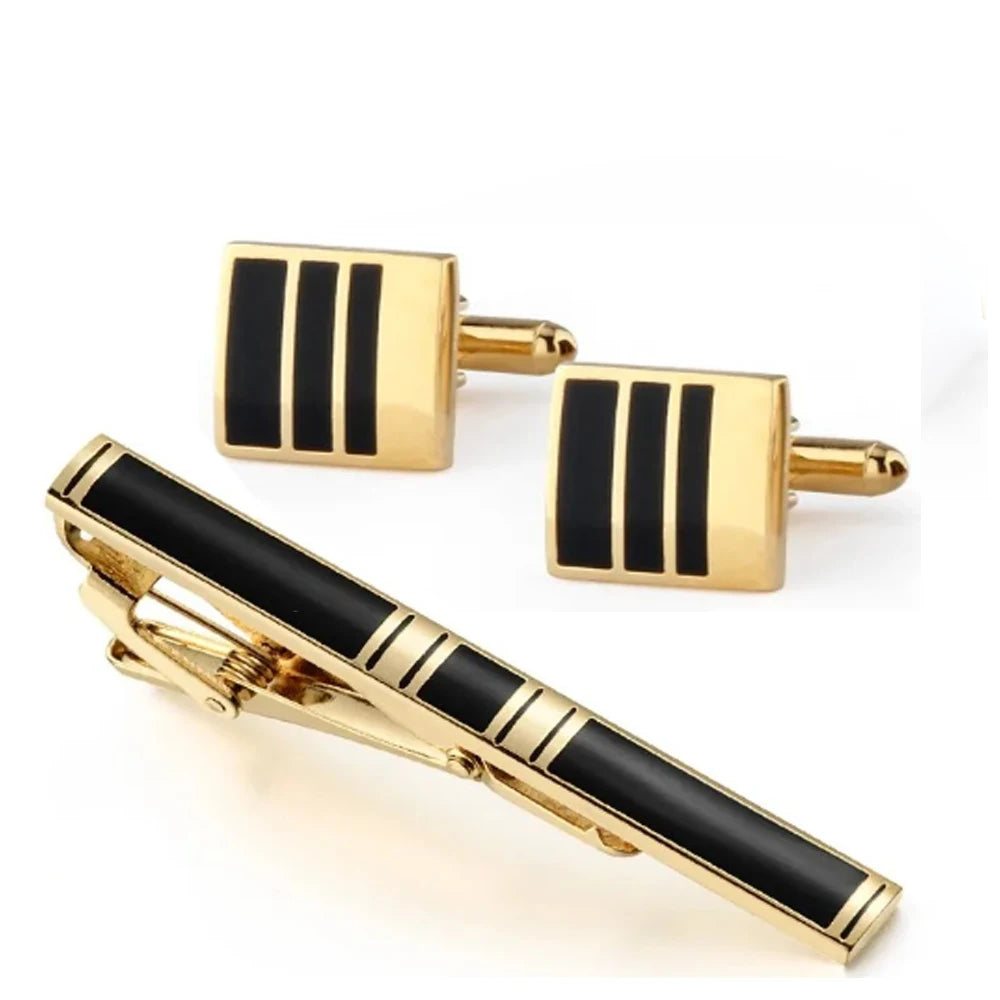 Men's Business Tie Clip Cufflink Set High End Enamel Checkered Black Gold French Shirt Sleeve Nails Decorative Accessories