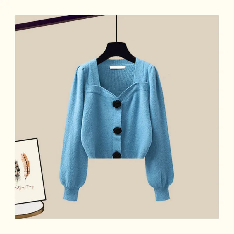 Autumn Winter Knitting Dresses Set Women High Street Slim Long Dress + Cardigan Female Outfits Elegant Sweater Two Piece Suit