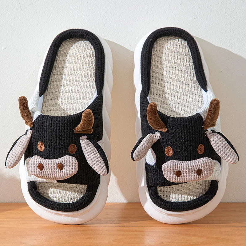 Winter Home Slippers for Couples Warm Plush Neutral Cartoon Cow Indoor Anti Slip Comfortable Cotton Slippers for Men and Women