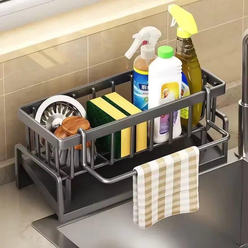 Kitchen Drainable Storage Rack With Hanging Rod Countertop Cleaning Supplies Without Punching Multi-Functional Storage Rack Tool