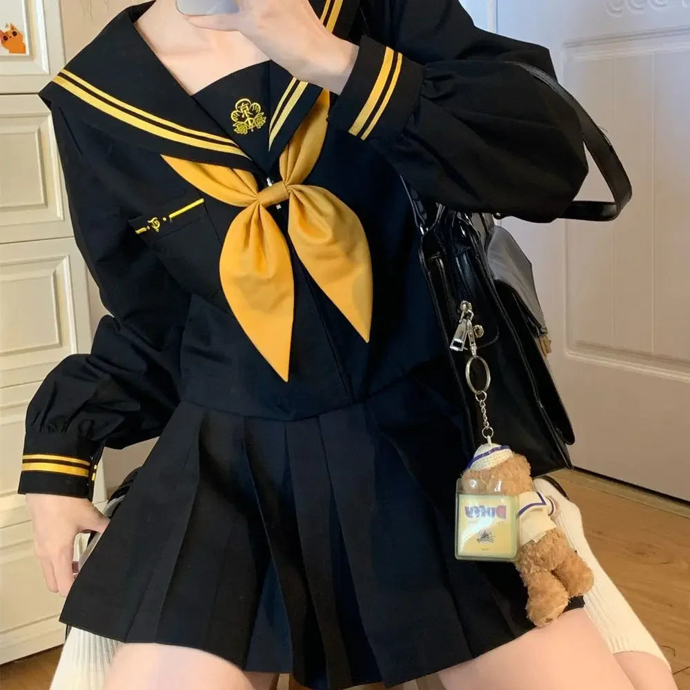 Japanese School Uniform Girls Plus Size Jk Suit Role Play High School Yellow Tie Black Basic Sailor Suit Female Long Sleeve Suit