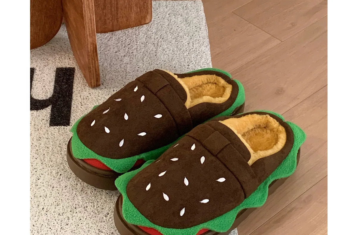 Women's Home Slippers Winter Warm Fuzzy Hamburger Slippers Funny Cute Indoor Rug Flat-Soled Home Shoes Plush Home Slippers