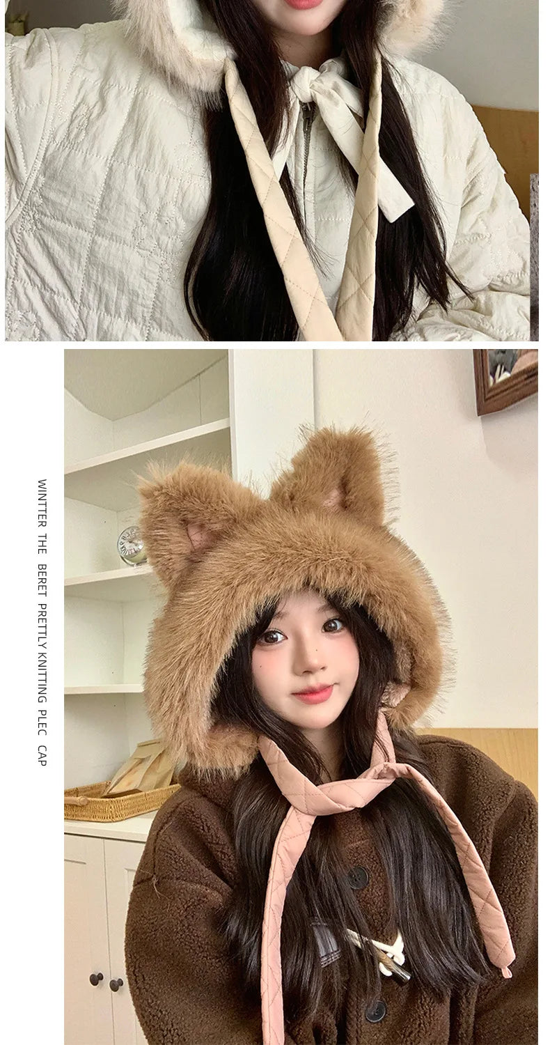 Winter Hat Thicken Ski Beanie Hat for Women Balaclava Spicy Girl Style Cat Girlfriend Hat Outdoor  Warm Protection Accessories